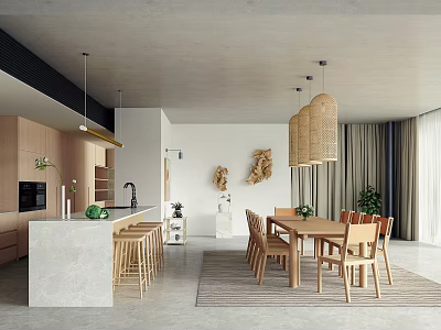 Modern Restaurant Interior With Wooden Dining Furniture Marble Island Rattan Pendant Lights Green Plants 3d model