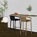 Modern Interior Bar Counter With Black Metal And Wooden Stools Vase Fruits And Plants