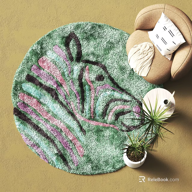 Round Area Rug With Zebra Head Pattern Green Pink Black Stripes Living Room Beige Sofa 3d model 