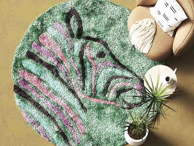Round Area Rug With Zebra Head Pattern Green Pink Black Stripes Living Room Beige Sofa 3d model