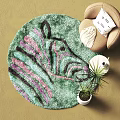 Round Area Rug With Zebra Head Pattern Green Pink Black Stripes Living Room Beige Sofa