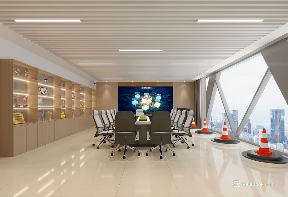 Modern Conference Room Interior Design With Large Table Comfortable Chairs Large Windows And City View 3d model 