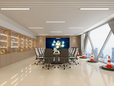 Modern Conference Room Interior Design With Large Table Comfortable Chairs Large Windows And City View 3d model