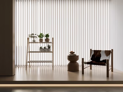 Modern Cozy Lounge Chair With Wooden Frame And Plant Shelf By Window Blinds 3d model