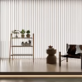 Modern Cozy Lounge Chair With Wooden Frame And Plant Shelf By Window Blinds