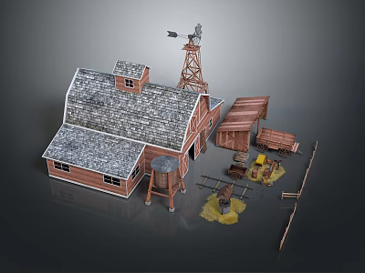Farm Wooden Barn with Stone Tile Roof Windmill Water Well Wooden Shed Barrels and Tools 3d model