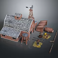Farm Wooden Barn with Stone Tile Roof Windmill Water Well Wooden Shed Barrels and Tools