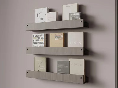 Modern Gray Floating Bookshelf with Decorative Books and Storage Boxes on Wall 3d model