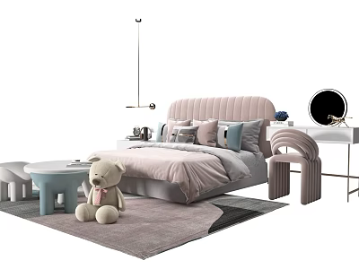 Cozy Pink Tufted Kids Bed with Colorful Pillows Stuffed Bear Small Table and Dresser Mirror 3d model
