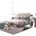 Cozy Pink Tufted Kids Bed with Colorful Pillows Stuffed Bear Small Table and Dresser Mirror