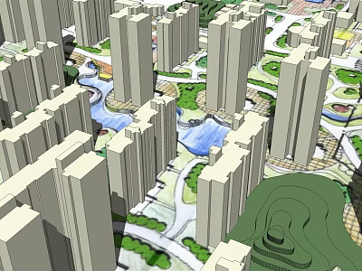 Modern Urban Planning 3D Model With Tall Buildings Green Areas And River 3d model