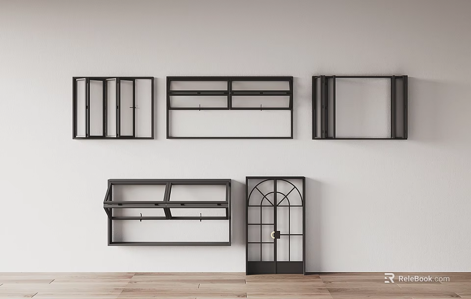 Black Decorative Shelves And Frames On White Wall With Wooden Floor 3d model