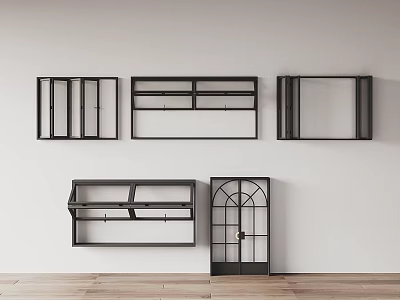 Black Decorative Shelves And Frames On White Wall With Wooden Floor 3d model