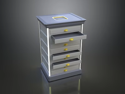 Modern Art Installation Featuring Multiple Drawers Yellow Handles Square Opening And Lighting Effect 3d model