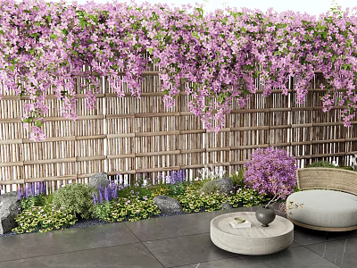 Purple Flowering Vines Decorating Bamboo Fence In Garden With Greenery And Seating 3d model