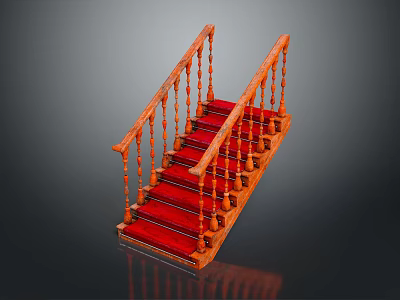 Wooden Staircase with Red Steps Handrail and Balusters Design 3d model