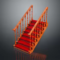 Wooden Staircase with Red Steps Handrail and Balusters Design 3d model