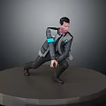 Futuristic Male Character 3D Model With Blue Glowing Outfit in Crouching Pose on Circular Platform