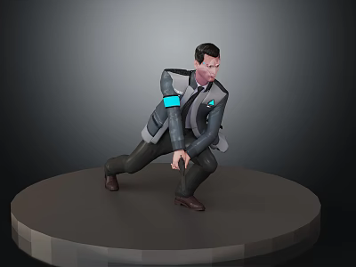 Futuristic Male Character 3D Model With Blue Glowing Outfit in Crouching Pose on Circular Platform 3d model