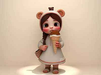 A woman wearing bear ear hoodie with braid holding ice cream cone and small bag 3d model