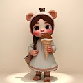 A woman wearing bear ear hoodie with braid holding ice cream cone and small bag