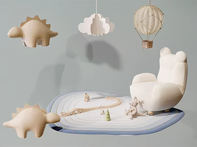 Cute Single Sofa In Kids Room With Dinosaur Cloud And Hot Air Balloon Decor 3d model