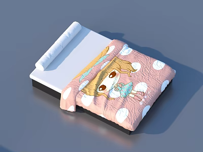 Cute Pink Quilt with Cartoon Girl Print and White Polka Dots for Bedroom Use 3d model