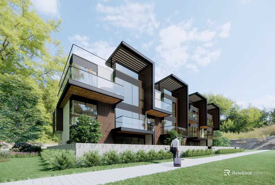 Modern Detached Villa Featuring Glass Facade Wooden Elements And Lush Greenery 3d model 