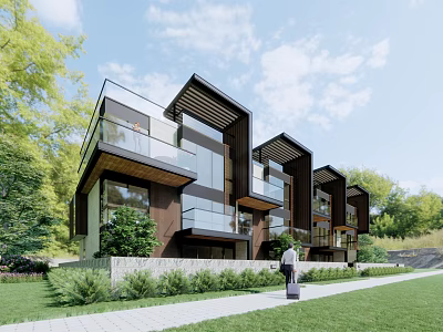 Modern Detached Villa Featuring Glass Facade Wooden Elements And Lush Greenery 3d model
