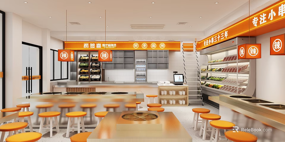 Modern Hot Pot Restaurant Interior With Orange Stools Dining Tables And Displays 3d model 