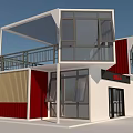 Modern Red and White Container Building with Large Glass Windows and Balcony Railings