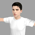 Man in White T-Shirt and Blue Jeans Standing with Arms Outstretched on Gray Background