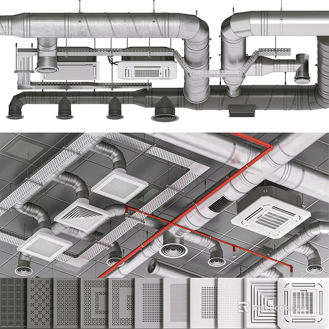 Suspended Ceiling Structure with Metal Pipes Vents and Industrial Framework Details 3d model 