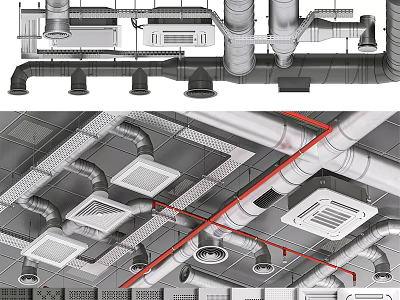 Suspended Ceiling Structure with Metal Pipes Vents and Industrial Framework Details 3d model
