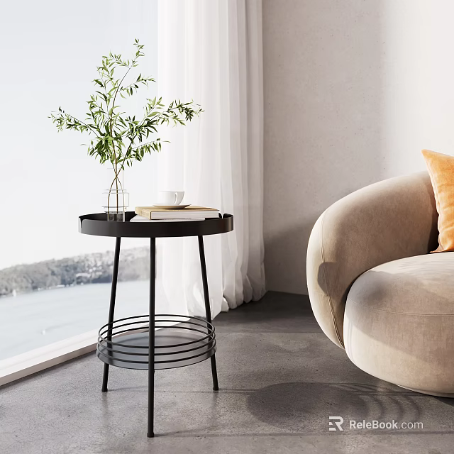 Stylish Black Metal Side Table With Plant Cup And Books Beside Beige Sofa In Modern Living Room 3d model 