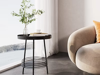 Stylish Black Metal Side Table With Plant Cup And Books Beside Beige Sofa In Modern Living Room 3d model