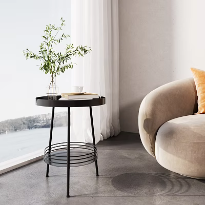 Stylish Black Metal Side Table With Plant Cup And Books Beside Beige Sofa In Modern Living Room 3d model