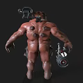 Bulky Horned Game Movie Character With Mechanical Weapon Belly Scar And Brown Skin