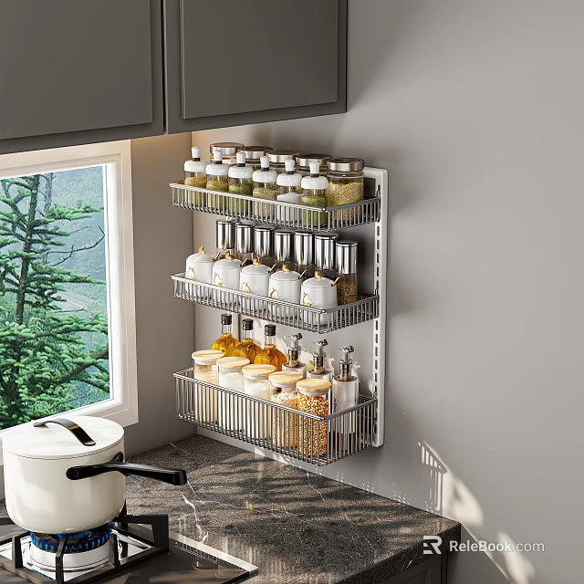 Organized Modern Kitchen Wall Mounted Multi Tier Shelf Holding Spice Jars And Containers 3d model 