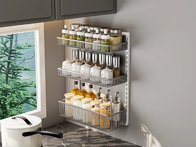 Organized Modern Kitchen Wall Mounted Multi Tier Shelf Holding Spice Jars And Containers 3d model