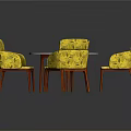Round Speckled Table with Patterned Yellow Chairs and Red Legs Modern Dining Set
