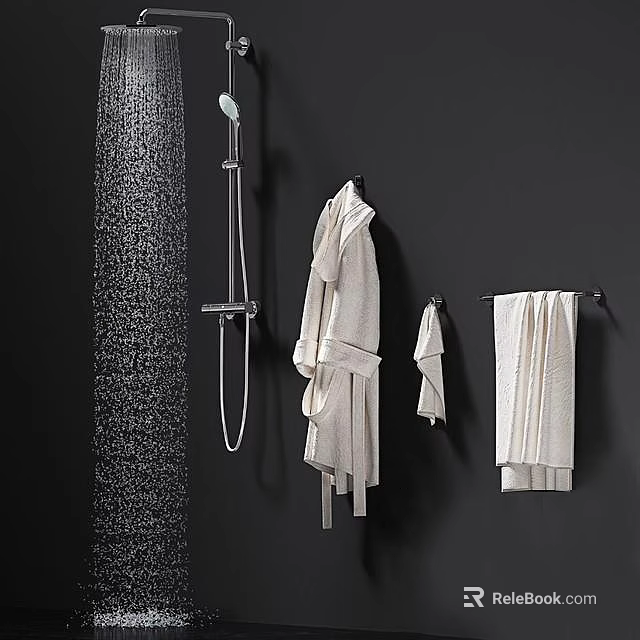 Modern Shower Head With Water Spray And Hanging Light Colored Bathrobe Towel In Bathroom 3d model 