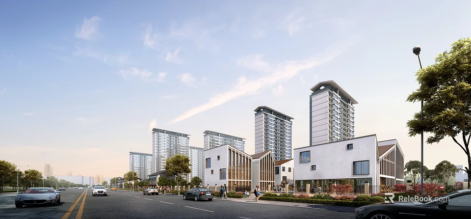 Modern Residential Buildings High Rise And Low Rise Street Scene Vehicles Pedestrians Trees Sky Clouds 3d model 