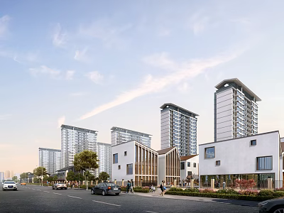 Modern Residential Buildings High Rise And Low Rise Street Scene Vehicles Pedestrians Trees Sky Clouds 3d model