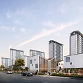 Modern Residential Buildings High Rise And Low Rise Street Scene Vehicles Pedestrians Trees Sky Clouds