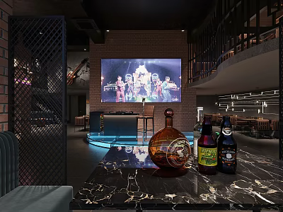 Stylish Bar Interior with Large Screen Live Performance Bottles on Sleek Marble Counter and Brick Wall 3d model