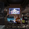 Stylish Bar Interior with Large Screen Live Performance Bottles on Sleek Marble Counter and Brick Wall