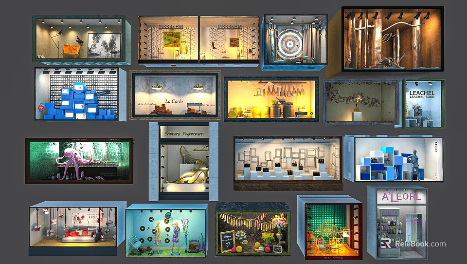 Various Creative Shop Windows With Diverse Products Lighting And Decorative Display Designs 3d model 