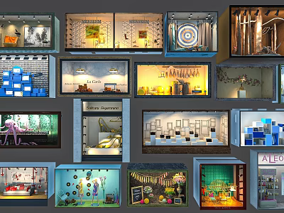 Various Creative Shop Windows With Diverse Products Lighting And Decorative Display Designs 3d model