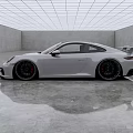 Stylish White Sports Car In Modern Concrete Interior With Shiny Floor And Grid Ceiling